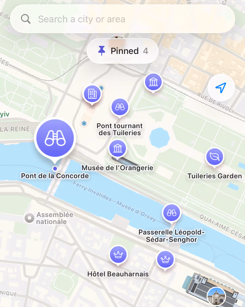 The Map in Paris, with Chiaro's picks as purple pins around the Tuileries and the Seine.