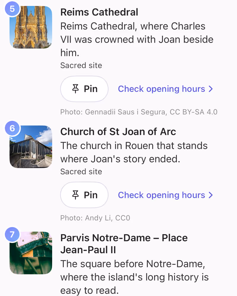 Chiaro's ideas for tomorrow: Reims Cathedral, the Church of St Joan of Arc in Rouen and the square before Notre-Dame, each with Pin and Check opening hours.