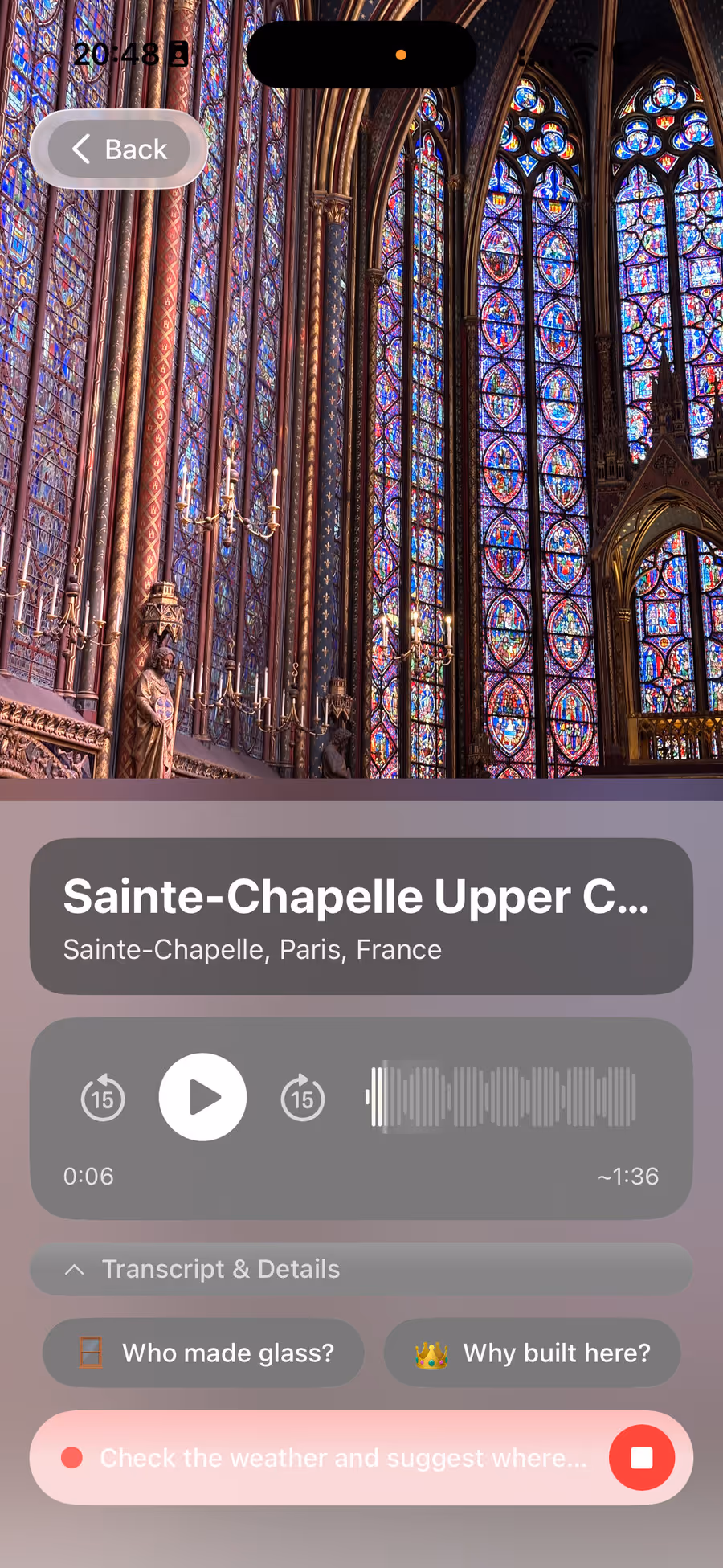 Asking Chiaro a question out loud inside the Sainte-Chapelle in Paris.