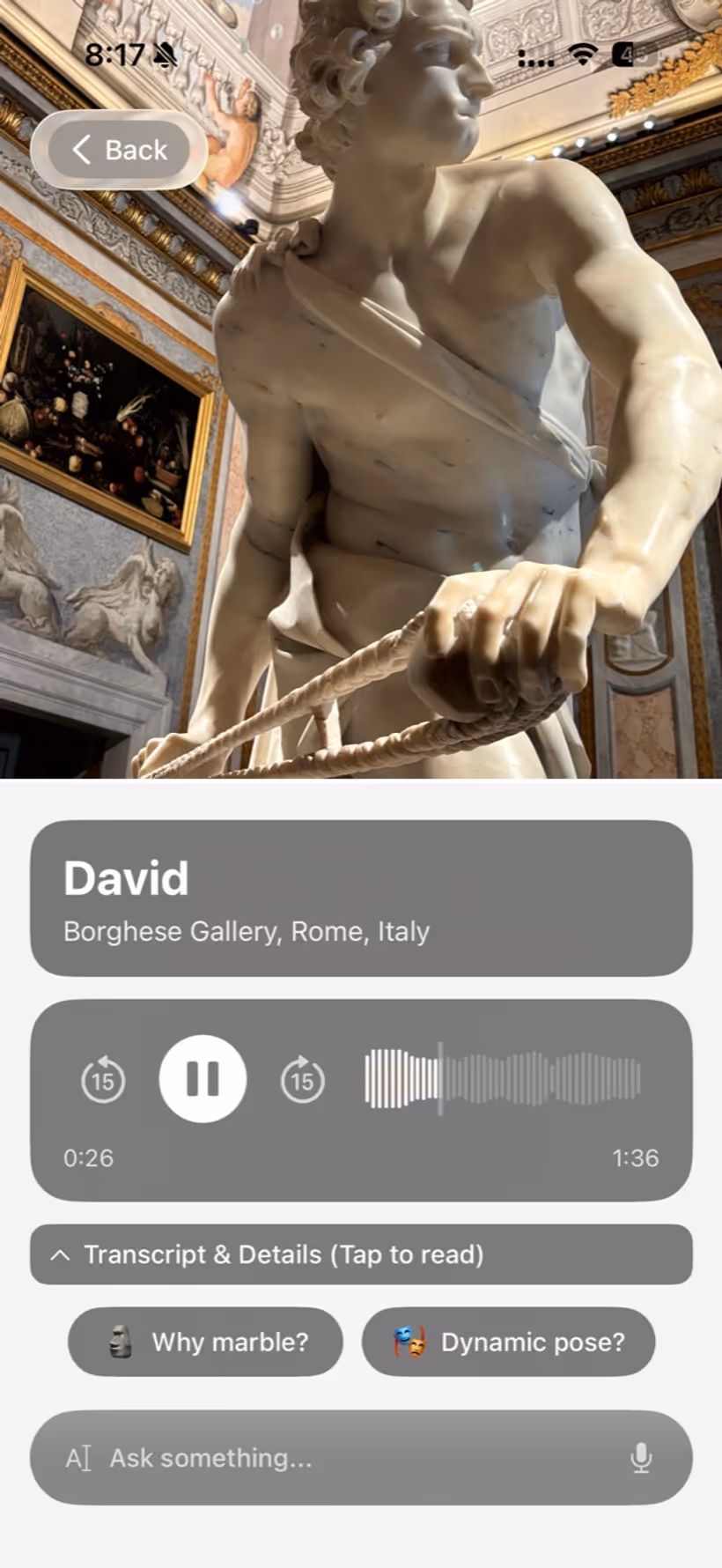 Chiaro recognizing Bernini's David at the Borghese Gallery in Rome, with audio controls and follow-up chips.