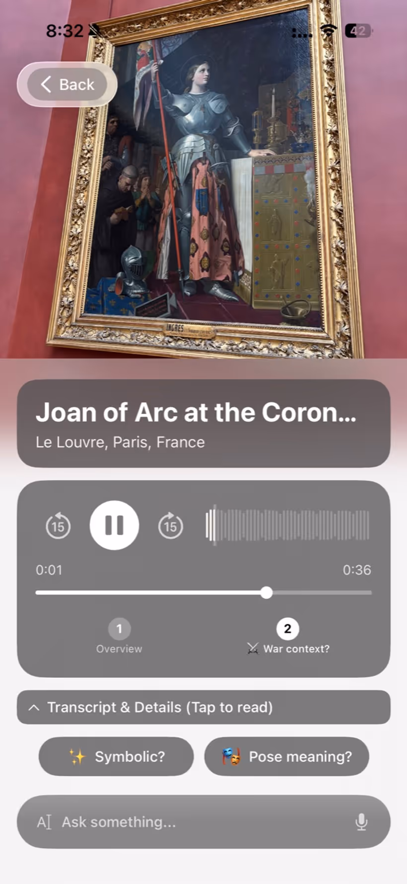 Chiaro recognizing 'Joan of Arc at the Coronation' inside the Louvre, with chapter chips and follow-up questions.